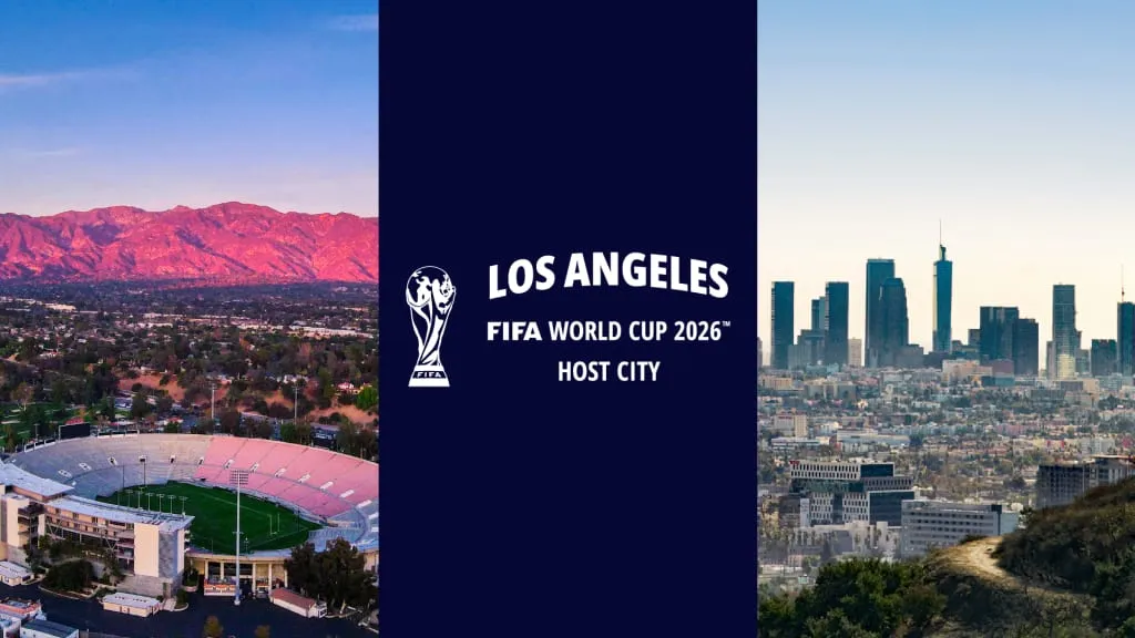 Los Angeles FIFA World Cup 2026 host city official graphic showing Rose Bowl, LA skyline, and FIFA trophy