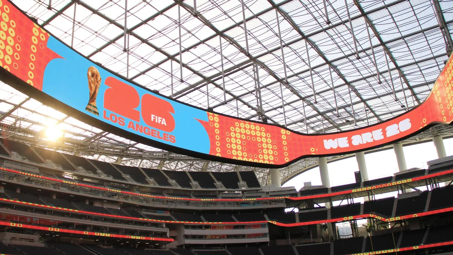 SoFi Stadium interior displaying FIFA World Cup 2026 Los Angeles scoreboard