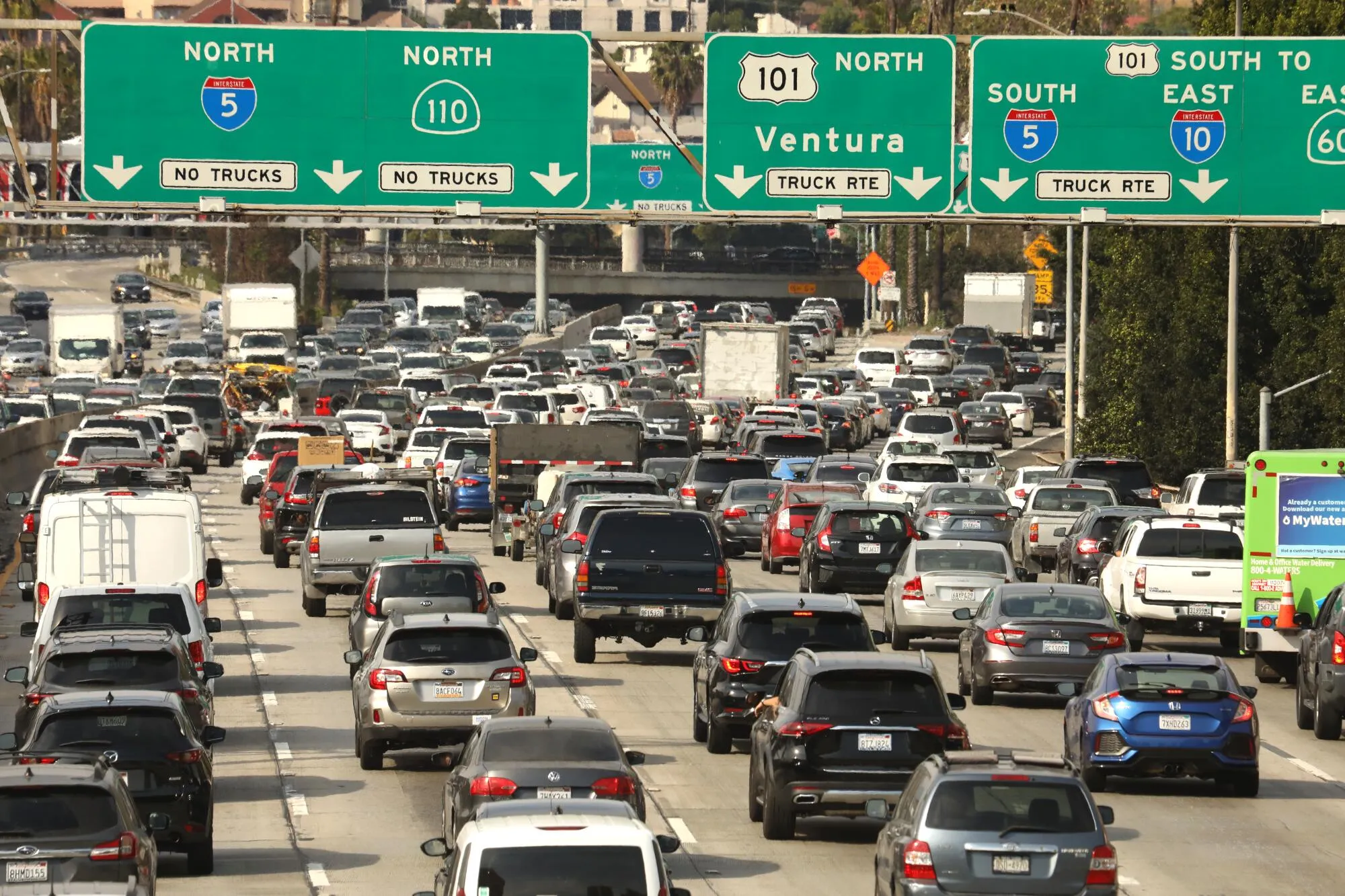 Los Angeles freeway showing I-5 and express lanes with heavy traffic congestion