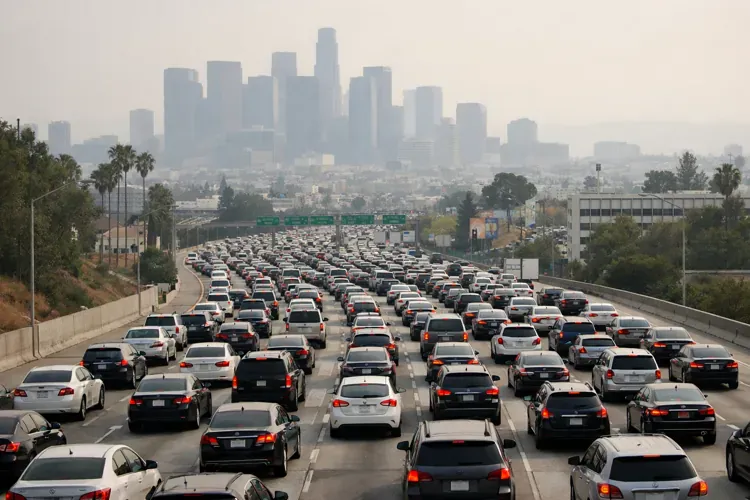 Los Angeles freeway with heavy traffic and downtown LA skyline visible through smog in the background